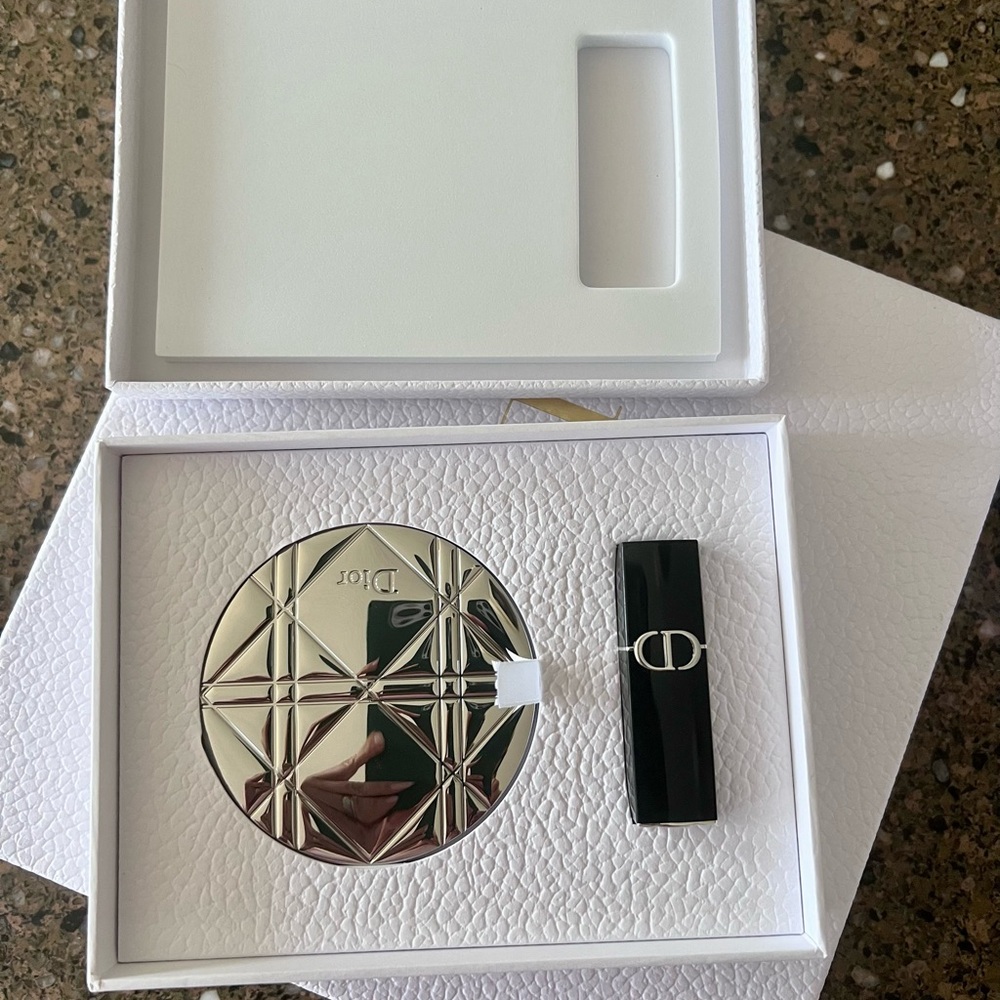 Dior Silver Compact and Red Lipstick Set